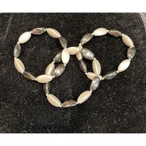 3 Black & Pearl Colored Bead 7” Stretch Bracelets with Silver Tone Spacer Beads